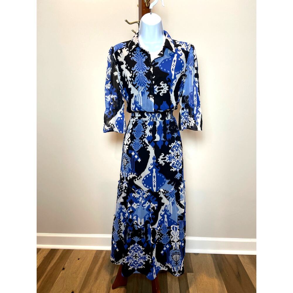 Chico’s Chiffon Blouson Midi Dress Black Blue Boho Print Size 4